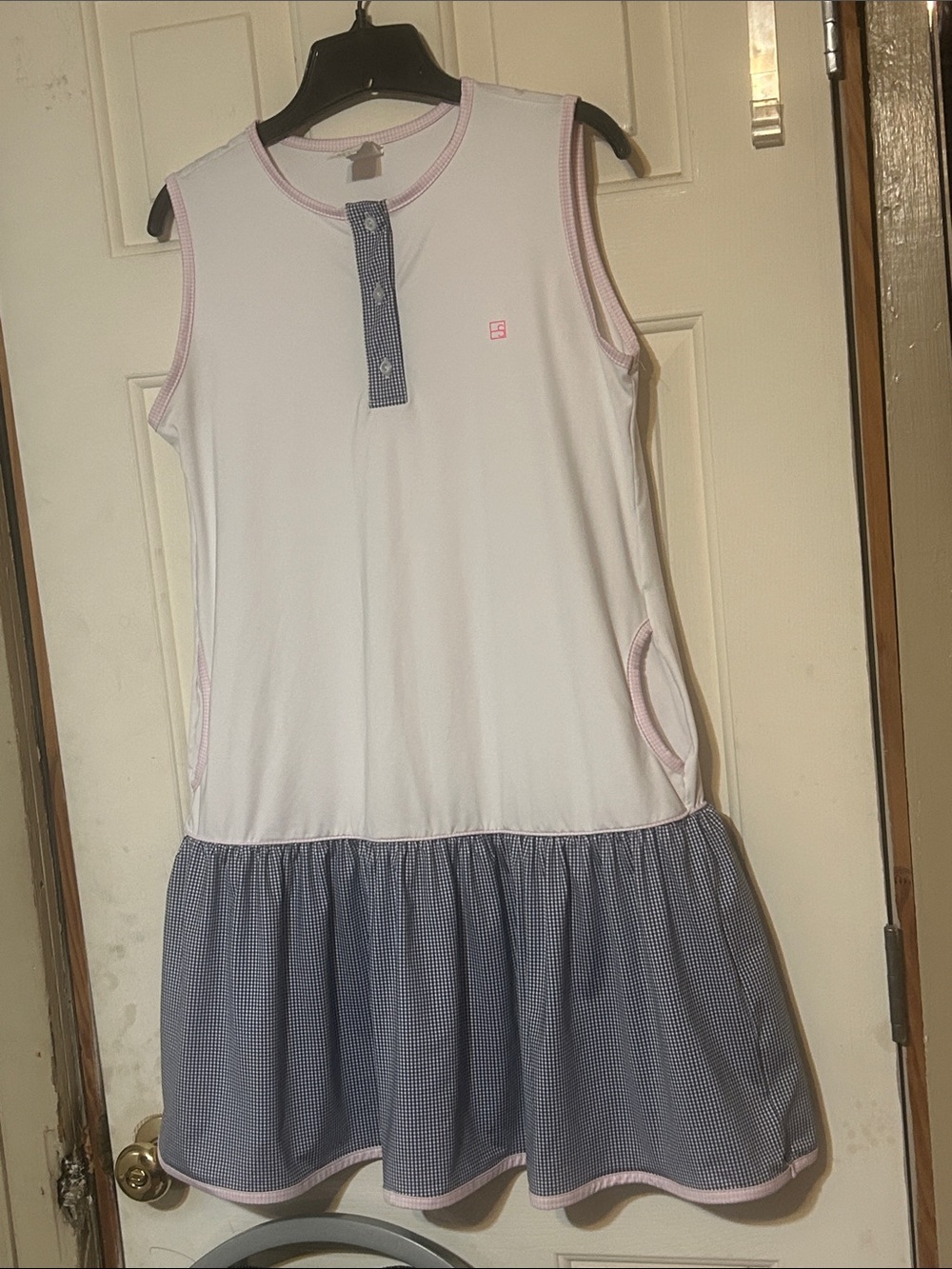 Girls' Sleeveless White & Blue Gingham Drop-Waist Dress